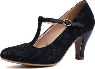 Generic Womens Lace Vintage Style Heels- Round Toe Chunky Heel,T-Strap for Party and Formal Events,Black,5.5 UK