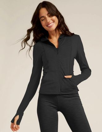 Beyond Yoga Beyond Yoga Heather Rib Morning Jog Hoodie Womens Black Thumbhole GBO 59