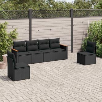 vidaXL Set De Sof&aacute;s De Jard&iacute;n 6 Piezas Y Cojines Rat&aacute;n Sint&eacute;tico Negro Vidaxl