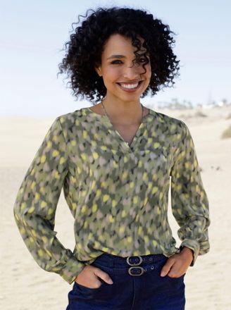 Heine Druckbluse HEINE, Damen, Gr. 36, gr&uuml;n (khaki, beige, bedruckt), 100% Polyester, bedruckt, gemustert, mehrfarbig, Rundhals, Blusen Druckbluse