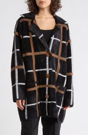 T Tahari Long Sleeve Plaid Coat in Black/White/Camel at Nordstrom Rack, Size 1X