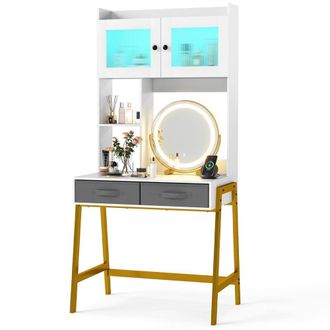 Costway Costway Makeup Table Makeup Vanity Desk with Rotating Mirror & Lights White