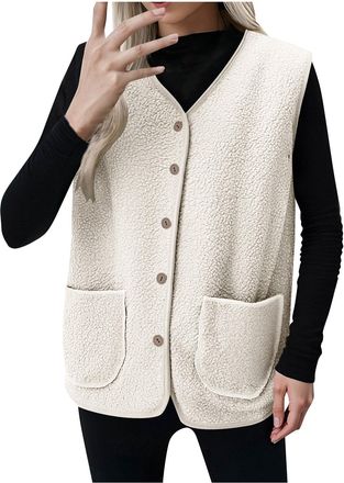 Generic White Women Waistcoat Polar Fleece Gilets Button Down V Neck Vest Jackets Sleeveless Coats with Pockets Loose Fit Bodywarmer Winter Autumn Warm Oversi