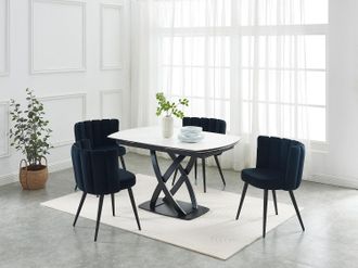 Vente-Unique Tavolo pranzo allung. 4 posti Ceramica Vetro temp. Acciaio inox Eff. marmo Bianco Nero - LIOMELI Maison C&eacute;phy