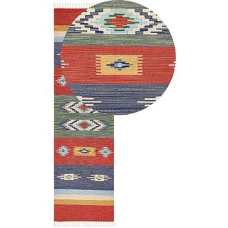 Beliani Tappeto Kilim in cotone tessuto a mano reversibile con motivi geometrici e nappe multicolore 80 x 300 cm Kamaris