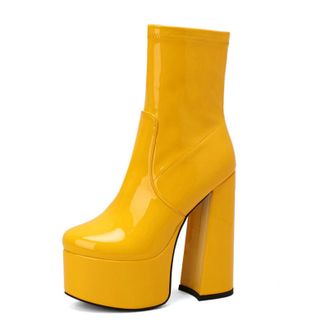 Generic Womens Patent Leather Ankle Boots with Chunky Heel & Side Zipper, Fall and Winter Style,Yellow,6.5 UK