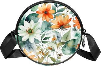 Generic Circle Crossbody Bag for Women, Floral Leaves Small Sling Bag Daypack with Zipper Adjustable Shoulder Straps Casual Ladies Girls Round Purse