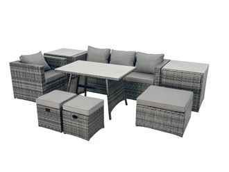 Fimous Rattan Dining Table Sofa Set with 2 Side Tables 3 Footstools Outdoor in Dark Grey