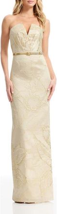 Dress The Population Kahlani Metallic Floral Jacquard Strapless Column Gown in Champagne Multi at Nordstrom, Size Xx-Large