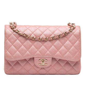 Chanel Pre-owned Womens Jumbo Classic Iridescent Caviar Double Flap - Pink Leather - One Size
