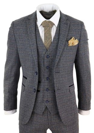 PAUL ANDREW Mens 3 Piece Navy Blue Tweed Check Vintage Retro Suit Velvet - Size 38 (Chest)