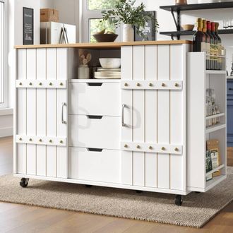 Merax Mobile Rolling White Kitchen Island Cart with Sliding Barn Doors