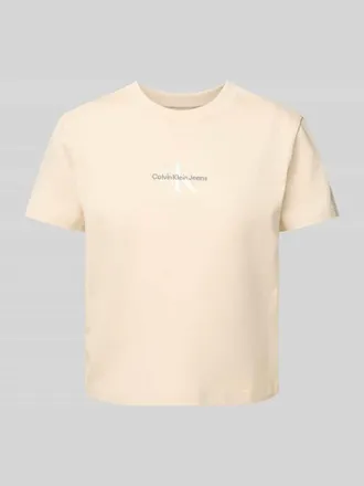 Calvin Klein Jeans T-Shirt mit Label-Stitching und Rundhalsausschnitt in Beige, Gr&ouml;&szlig;e XS