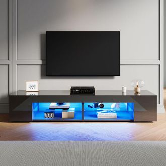 Elegant Lighting High Gloss tv Stand with led Lights, Floor Stand tv Unit with Open Glass Shelves, Suitable for Living Room & Bedroom, Black, 1600x390x300mm - Elegant