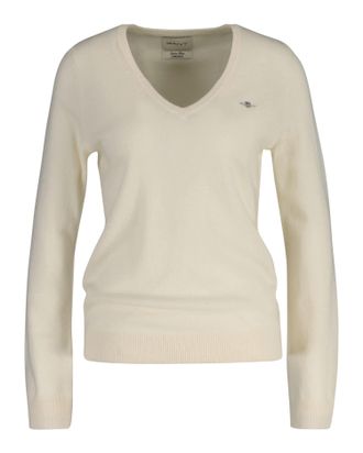 GANT V-Ausschnitt-Pullover GANT EXTRAFINE LAMBSWOOL V-NECK, Damen, Gr. XXL, cream, Strick, Obermaterial: 90% Wolle, 10% Polyamid, V-Ausschnitt, Rippb&uuml;ndche