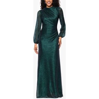 Betsy & Adam Metallic Crinkle Ruched Long Sleeve Trumpet Gown in Black/Emerald at Nordstrom Rack, Size 14