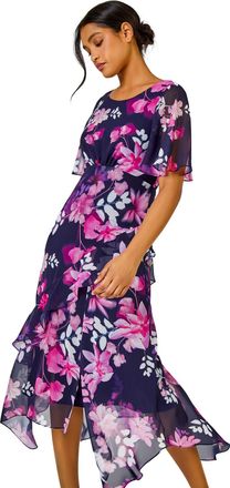 Roman Womens Floral Print Frill Detail Midi Dress - Navy - Size 12 UK