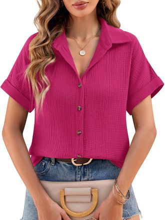 Heekpek Lonya Womens Blouses Summer Chiffon Blouses V Neck Ladies Tops Short Sleeve Button Down Cotton Shirts Solid Color Loose Fit Casual Elegant Tee Shirts,