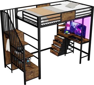 STILVORA Cama Alta, Cama Individual Con Escritorio, Estantes, Perchero Y Led, 90 X 200 Cm, Sin Colch&oacute;n