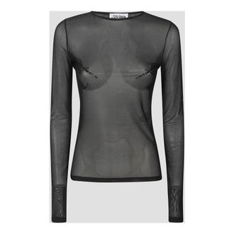 Jean Paul Gaultier Long Sleeve Tops, female, Black, Size: S Mesh Crewneck Long Sleeves Top Embroidered