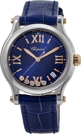 Chopard Happy Sport Round 36mm Blue Diamond Dial Leather Strap Womens Watch 278582-6012