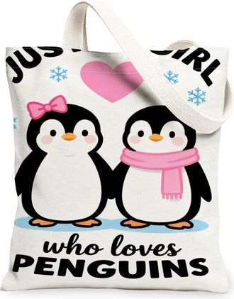 Generic Cute Penguins Canvas Tote Bags, Adorable Animal Pattern Reusable Grocery Bags, Winter Fun Lightweight Washable Shoulder Str, White, 13x15 Inch