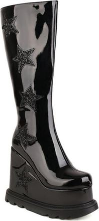 Generic Womens Patent Leather Mid-Calf Boots with Platform Wedge Heel, Glitter Star, Gothic Punk Style,Black,7.5 UK