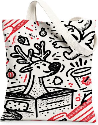 Generic Christmas Reindeer Canvas Tote Bags, Fun Holiday Design Lightweight Washable Shoulder Strap Grocery Bags for Travel Shoppin, White, 13x15 Inch