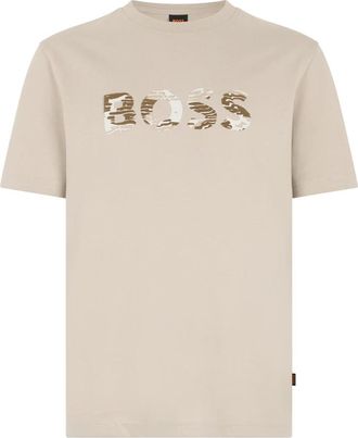 HUGO BOSS Katoenen T-shirt met Print - Heren - T-shirts - Beige - S - Katoen - Tops