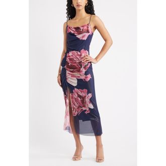 Open Edit Mesh Maxi Dress in Pink Ivory Blue Floral at Nordstrom, Size Xx-Small