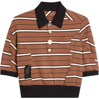 Undercover Stripe Crop Cotton Piqu&eacute; Polo in Brown Border at Nordstrom, Size 3