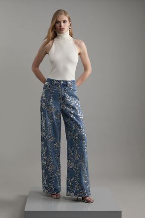 Karen Millen Womens Denim All Over Floral Sequin Wide Leg Trousers - Blue Cotton - Size 12 UK