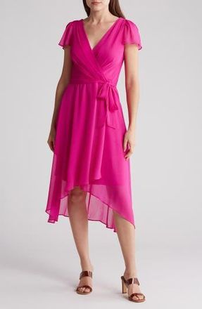 DKNY Flutter Sleeve Faux Wrap Midi Dress in Power Pink at Nordstrom Rack, Size 10