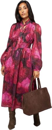 Wallis Petite Floral Print Shirred Waist Midi Dress, 12, Pink