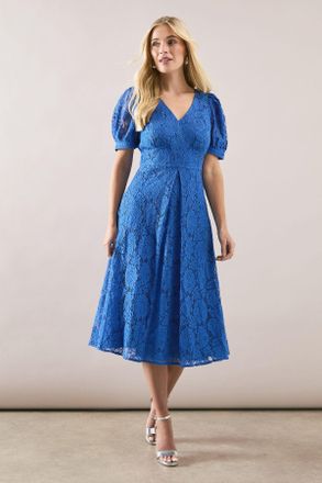 Wallis Womens Petite Lace V Neck Tea Midi Dress - Blue Cotton - Size 12 UK