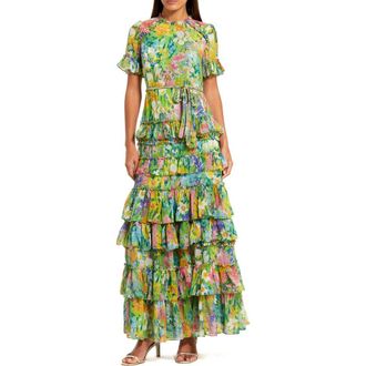 Mac Duggal Floral Printed Chiffon Tiered Ruffle Gown in Green Multi at Nordstrom, Size 10