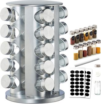 OEM Estante Para Especias, Estantes Giratorios De 360&deg;, Carrusel De Acero Inoxidable 430, Estante Para Almacenar Especias, 20 Frascos De Vidrio Con Tapas,