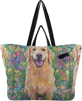 Generic Golden Flower Dog pattern Reusable Canvas Tote Bag, Heavy Duty Grocery Shopping Bag with Large Capacity Double Handles Hard Bottom Work Groceries Trav