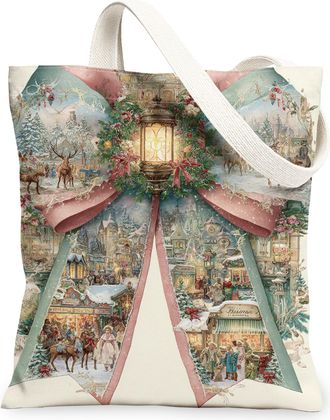 Generic Christmas Vintage Canvas Tote Bags, Holiday Scene Reusable Grocery Bags, Winter Lightweight Washable Canvas for Travel Outd, Multicolor, 13x15 Inch