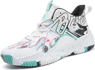 Generic Unisex Fashionable Basketball Shoes Lightweight Breathable Anti Slip Color Blocked Style Walking Shoes(Whitegreen,3.5 UK)