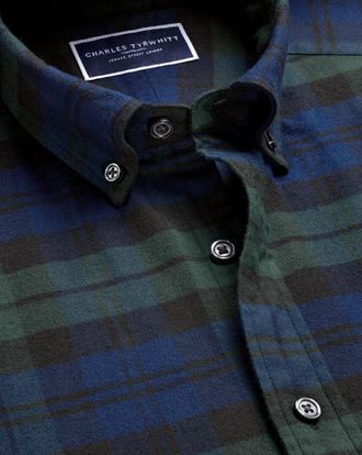 CHARLES TYRWHITT Brushed Flannel Check Cotton Shirt - Royal Blue & Green Size Large by Charles Tyrwhitt