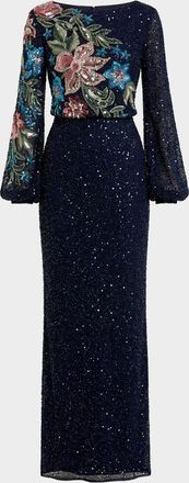Mac Duggal Beaded Floral Sequin Column Gown