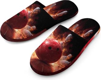 Generic Funny Fire Flames Bowling Mens Slippers Warm Non-Slip Houes Shose Spa Slipper for Home Bedroom