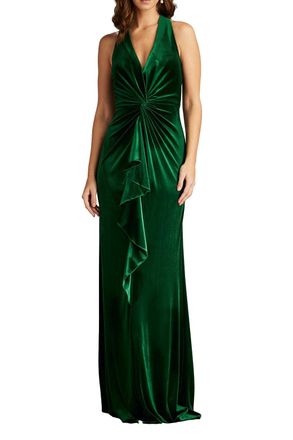 Tadashi Shoji Cider Twist-Drape Velvet Gown