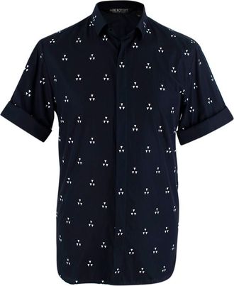 Neil Barrett Navy Cotton Poplin Geometric Print Short Sleeve Shirt Size 14.5