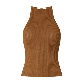 Pinko Sleeveless Tops, female, Brown, Size: S Tie Ribbed Top