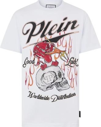 Philipp Plein Rondhals T-shirt Little Devil Crystal - Heren - T-shirts - Wit - M - Katoen - Tops