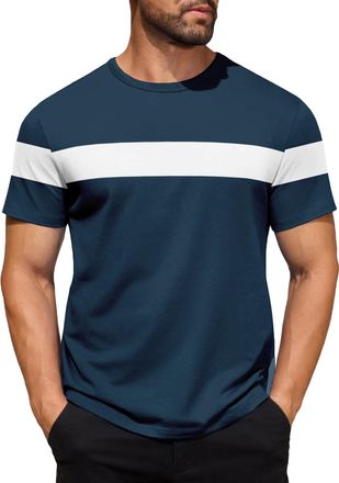 Generic Mens Gradient Striped Contrast T-Shirt Soft Breathable Cotton Crew Neck Short Sleeve Tees Casual Summer Gym Essentials