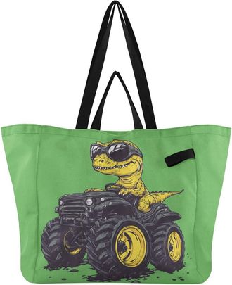 Generic Yellow Dinosaur pattern Reusable Canvas Tote Bag, Heavy Duty Grocery Shopping Bag with Large Capacity Double Handles Hard Bottom Work Groceries Travel