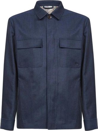 Etro Wool and Linen Shacket - Heren - Zomerjassen - Blauw - L - Wol - Jassen